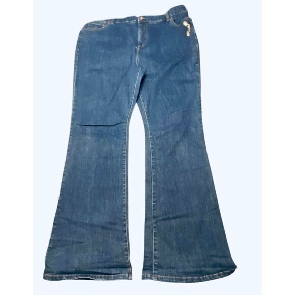 ModCloth Dark Wash  Daisies on the Prairie Embroidered Flared Jeans Plus Size 26 - Picture 1 of 5